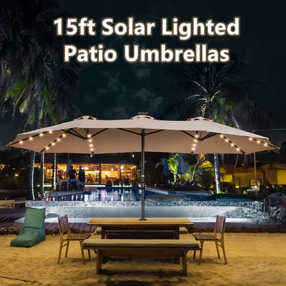 Patio Umbrella, 15 Ft Solar LED Double Sided with Base 48 LED Lights UPF50+ UV Protection shown in the main product view