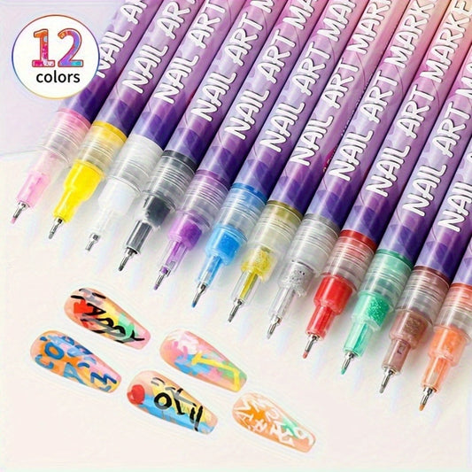 Nail Art Pens 12 Colors Quick Dry 3D Graffiti & Detail Brush Set – Ultra-Fine Precision Drawing Pen Kit for DIY Nail Design, Salon & Home Use, Vibrant Long Lasting Ink