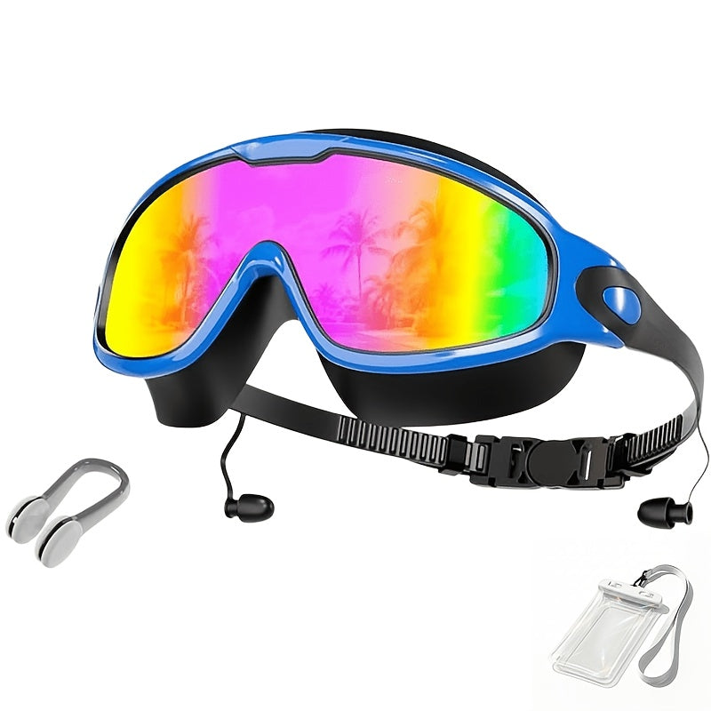 Anti-Fog Swimming Goggles Wide View UV Protection Swim Goggles for Adults Men Women Youth - Mirrored Lens with Earplugs Nose Clip for Triathlon Pool Open Water Training