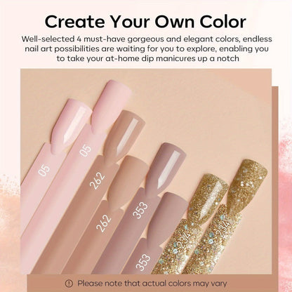 Dip Powder Nail Kit 11 Piece Complete Starter Set 4 Colors Nude Skin Tone Golden Glitter Acrylic Dipping Powder with Base Coat Top Coat & Activator - No Lamp French Nail Art Manicure Gift Set