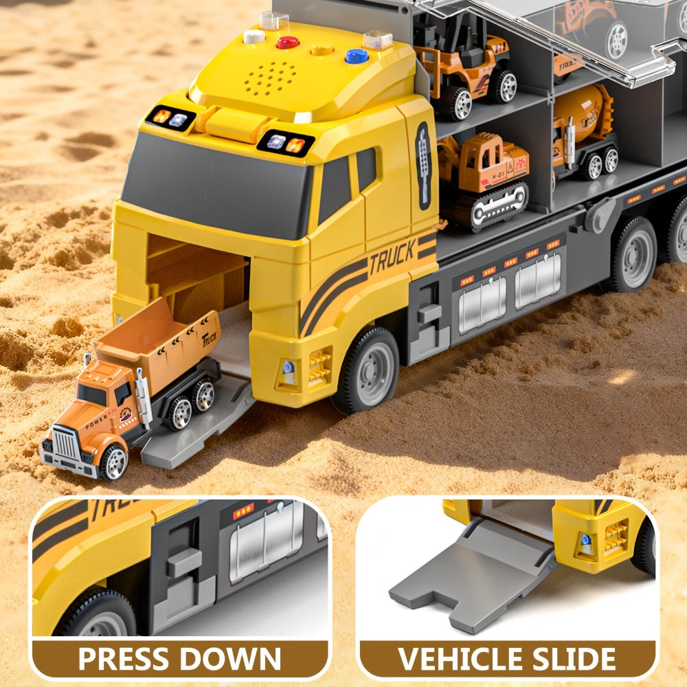 13-in-1 Construction Truck Vehicle Toy Set with Die-Cast Metal Cars & Play Mat – Transport Carrier Playset for Toddlers & Kids Ages 3+ STEM Learning Gift Boys Girls