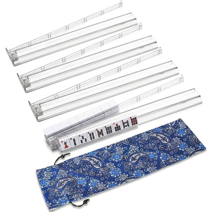 Mahjong Tile Rack and Pusher Set 4pcs Clear Acrylic All-in-One with Storage Bag – Modern American Mahjong Accessories for Game Night, Transparent Tile Rack Gift
