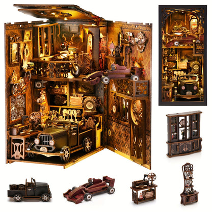 Book Nook Kit DIY – Car Players 3D Wooden Bookshelf Insert with LED Light, Vintage Alley Miniature Scene, Creative Craft Model Building Set, Unique Birthday Gift for Book Lovers Adults Teens