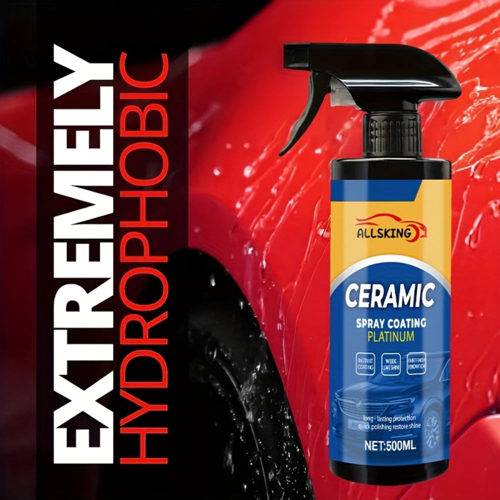 Ceramic Coating Spray for Cars - 3-in-1 Nano Polish, Scratch-Resistant Glossy Protective Layer, Compatible with All Paint Types, Includes Sponge & Towel (16.91oz)