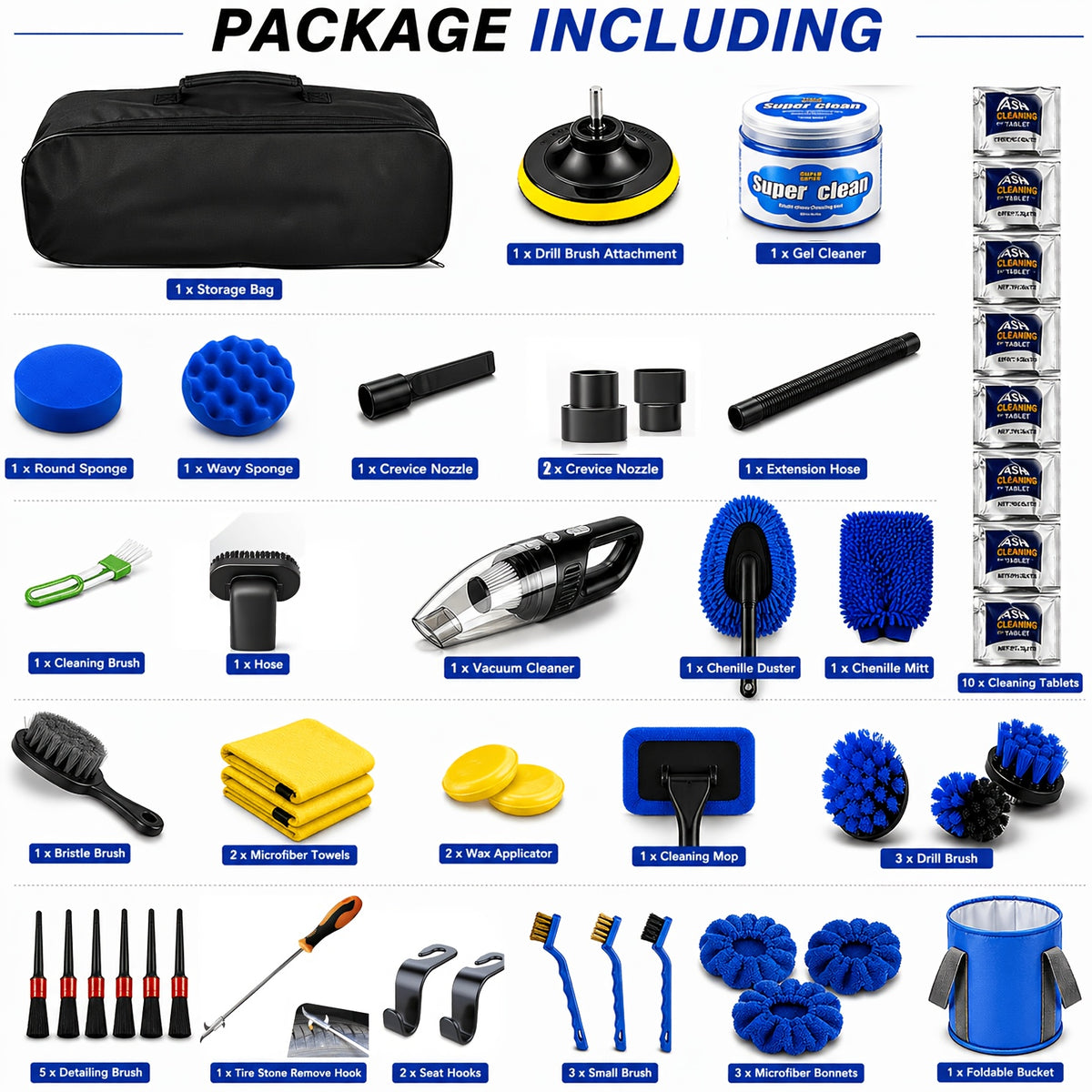 46pcs Car Cleaning And Washing Kit, Internal Detail Cleaning Kit, Equipped with High-power Handheld Vacuum Cleaner, Foldable Bucket, Windshield Tool, Snow Shovel, Tire Brush, Complete Set Of Car Care Tools, Holiday Gift for Family