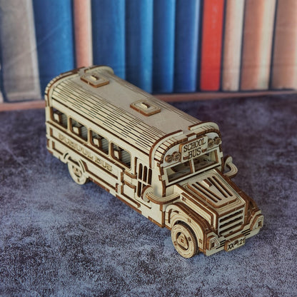 Wooden School Bus Model Kit DIY – American-Style 3D Puzzle with SCHOOL BUS Sign, Handmade Yellow Plywood STEM Craft Gift for Adults Teens Teachers Birthday Halloween Christmas