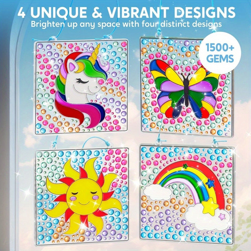 Suncatcher Painting Kit 4pcs for Kids – 2-in-1 Window Art with Gem Stickers & Paint Pens, Butterfly Unicorn Rainbow Sun Designs, Arts Crafts Activity for Girls Boys Ages 6+ Birthday Christmas Gift