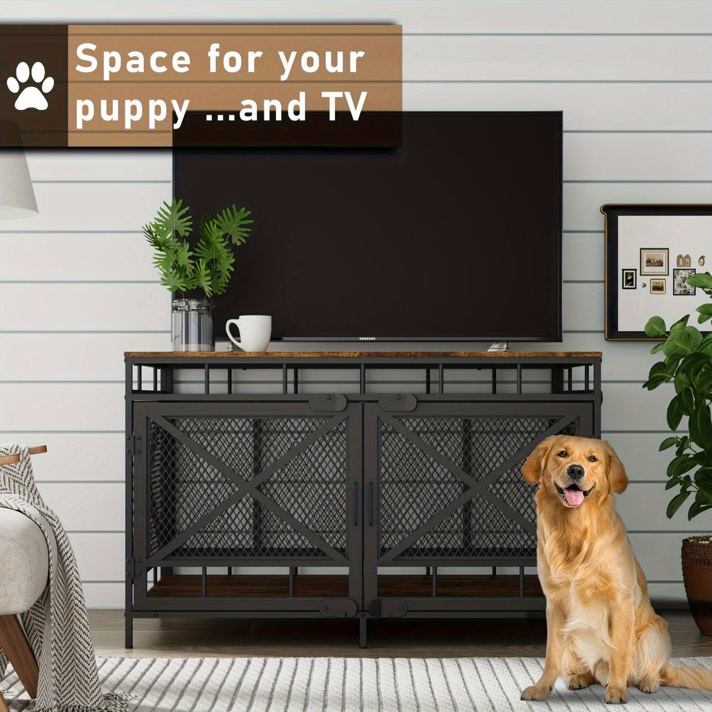 Dog Crate Furniture 43 Inch Corner Indoor Kennel, Heavy Duty Engineered Wood Dog Cage with Side Door for Large Medium Breeds, Vintage Style Pet Crate End Table