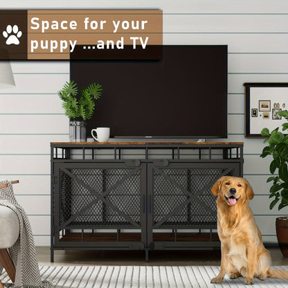 Dog Crate Furniture 43 Inch Corner Indoor Kennel, Heavy Duty Engineered Wood Dog Cage with Side Door for Large Medium Breeds, Vintage Style Pet Crate End Table