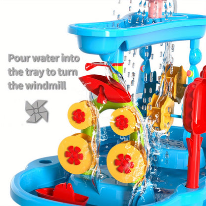 Sand and Water Table for Toddlers 3-Tier – Outdoor Sensory Play Set with Shovel Scoop & Strainer, BPA-Free Backyard Beach Summer Activity Toy for Boys & Girls Ages 2 3 4 5 6 (Blue)