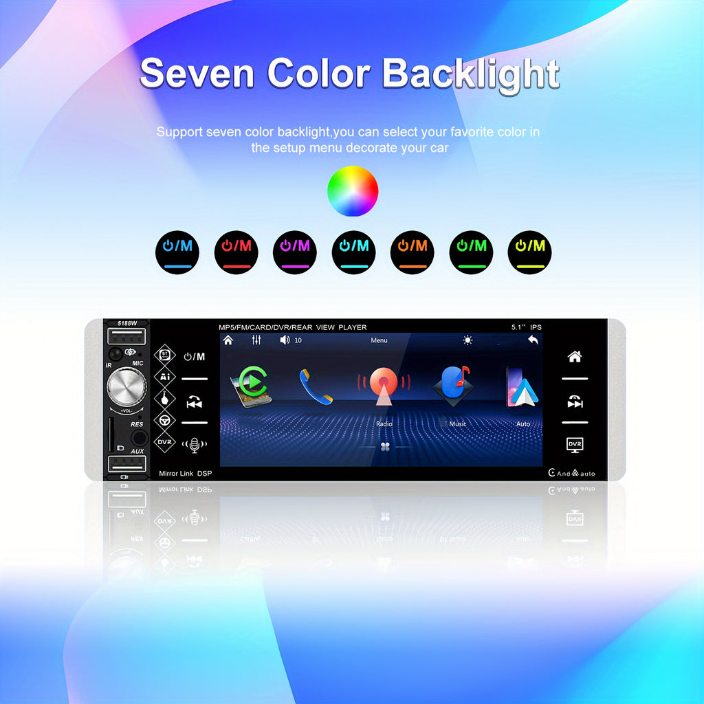 5.1 Inch Wireless Carplayer Car Stereo Single Din Touch Screen Car Radio with Wireless, Wireless Android Auto Mirror Link AM FM EQ SWC, Car Audio Receiver with USB/TF/AUX-in, Mic, Backup Cam