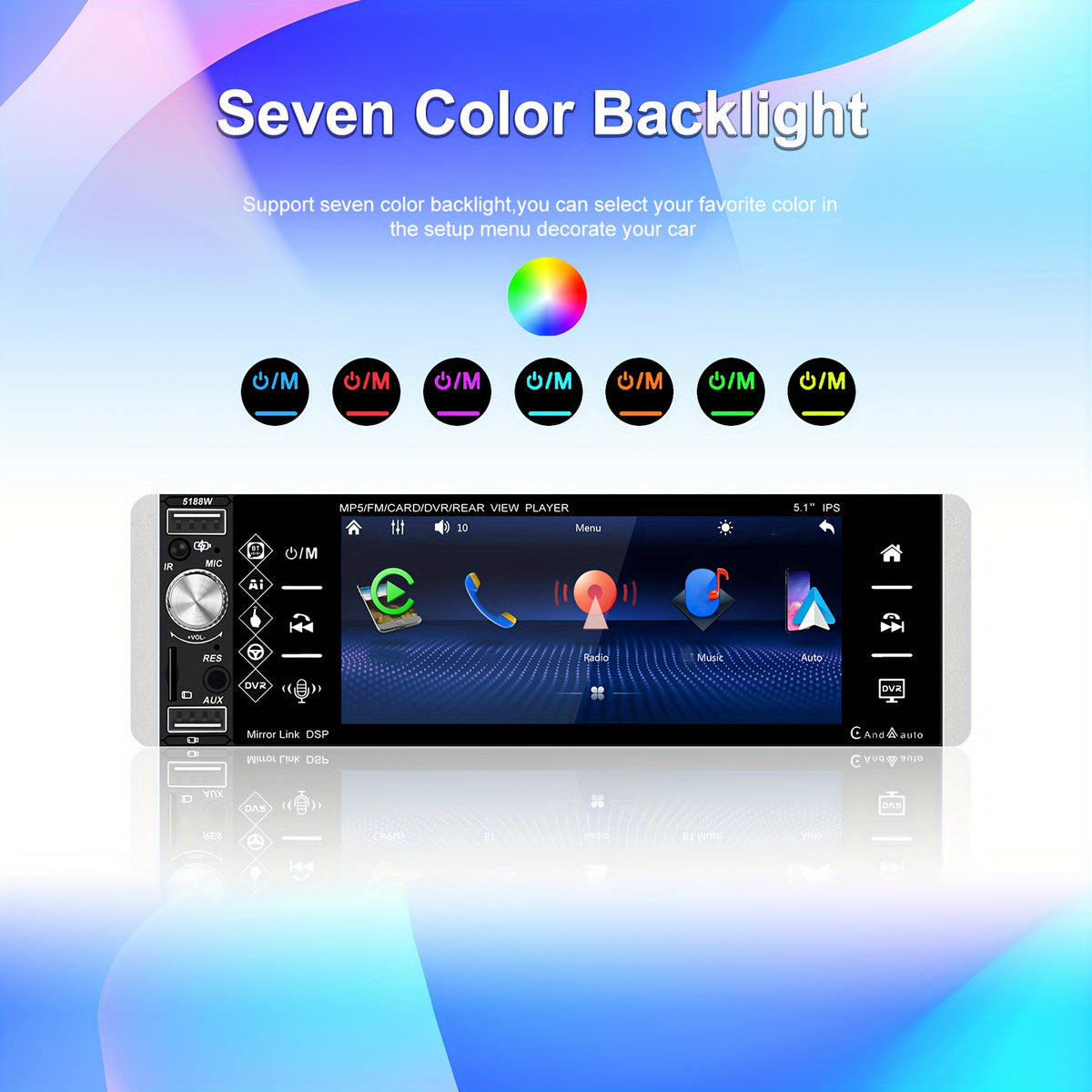 5.1 Inch Wireless Carplayer Car Stereo Single Din Touch Screen Car Radio with Wireless, Wireless Android Auto Mirror Link AM FM EQ SWC, Car Audio Receiver with USB/TF/AUX-in, Mic, Backup Cam