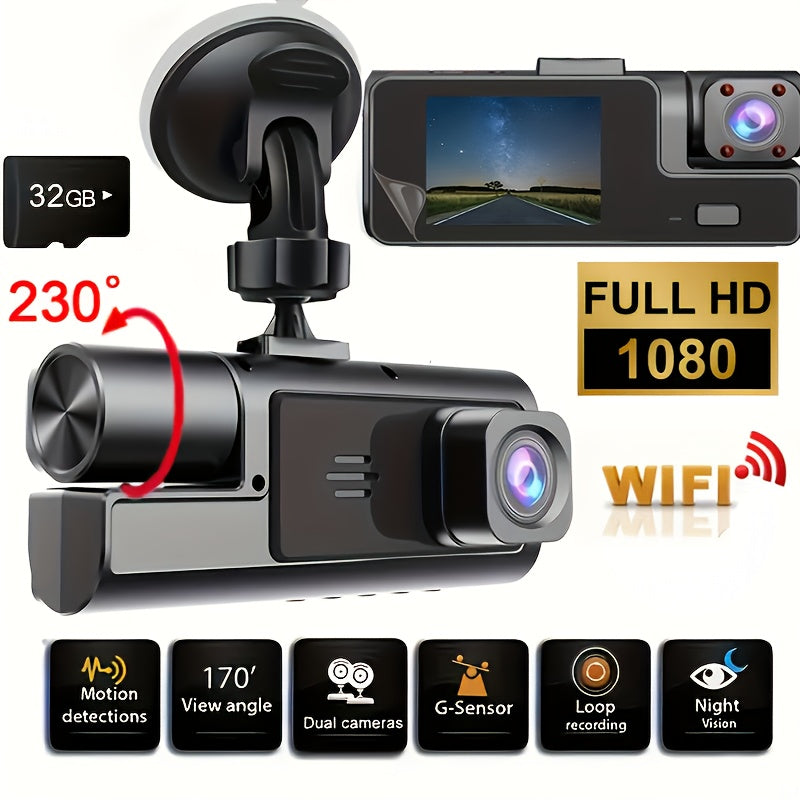 Two/Triple Camera Dash Cam - Infrared Night Vision, 1080P Front And 720P Rear,170° Wide Angle & Built-In Audio - Optional 32GB Card, Loop Recording, G-Sensor - Perfect Vehicle Safety Camera 24 Hours Parking Mode for New Cars Or Holiday Gifts