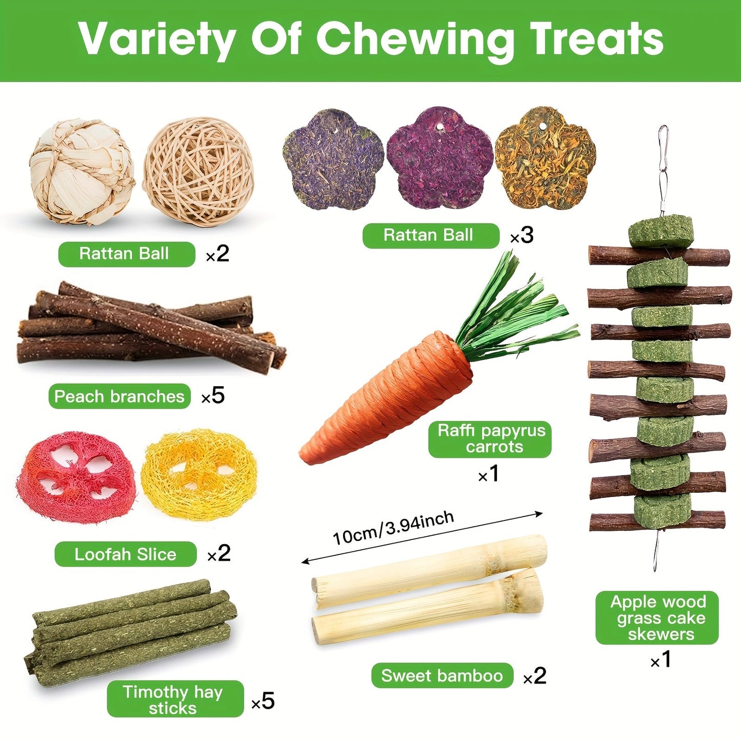 Small Animal Dental Treats 21pcs – Natural Timothy Hay Variety Set with Hay Sticks, Timothy Cakes & Carrot Strawberry Treats for Rabbits, Guinea Pigs & Hamsters – Teeth Care Forage Snacks