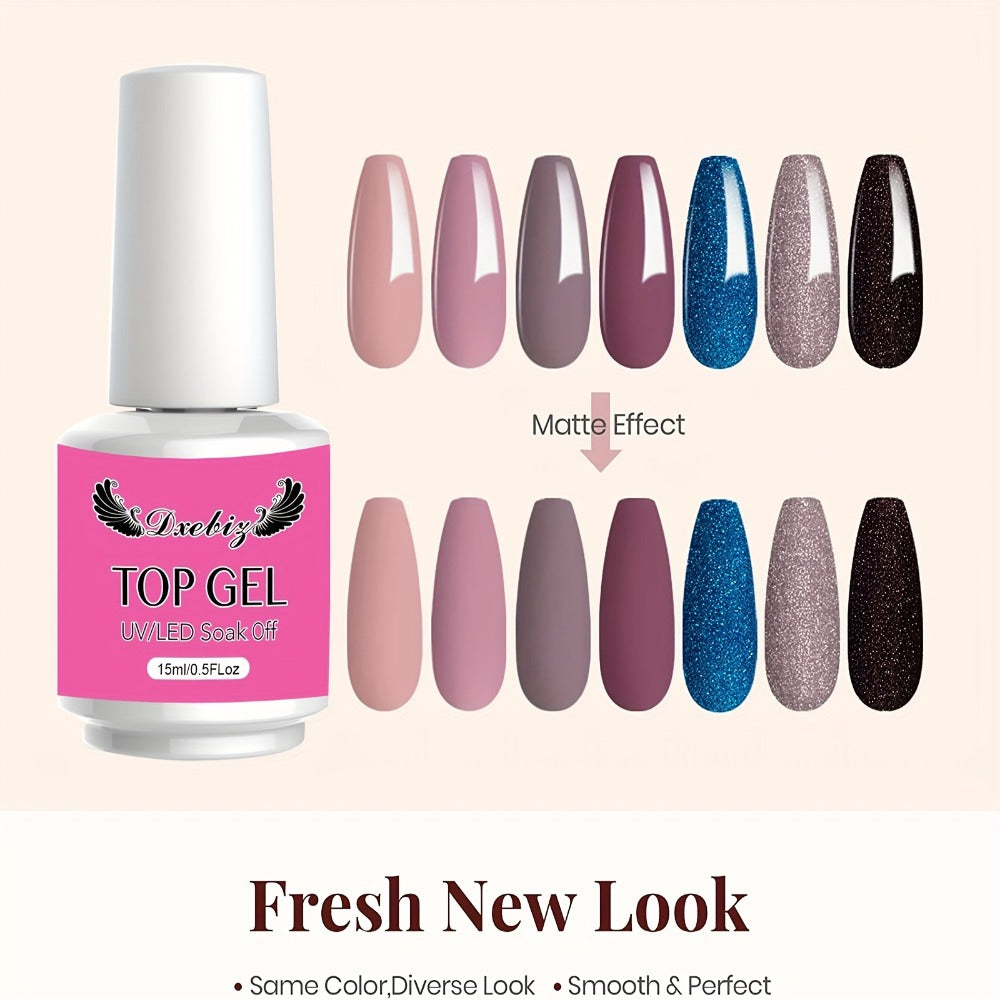 Gel Nail Base & Top Coat Kit 3pcs No-Wipe Glossy & Matte Top Coat + Base Gel — Long-Lasting Soak-Off LED Salon Nail Art Complete System 0.51oz Each for Home & Salon