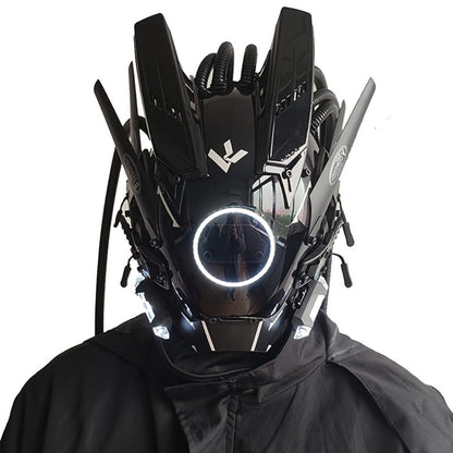 LED Punk Mask with Tubular Braids & Helmet – Futuristic Sci-Fi Mechanical Cosplay Mask for Halloween, Rave Music Festival & Party, Blue Green Pink, Handmade TPU PC Unisex Adult Costume Prop