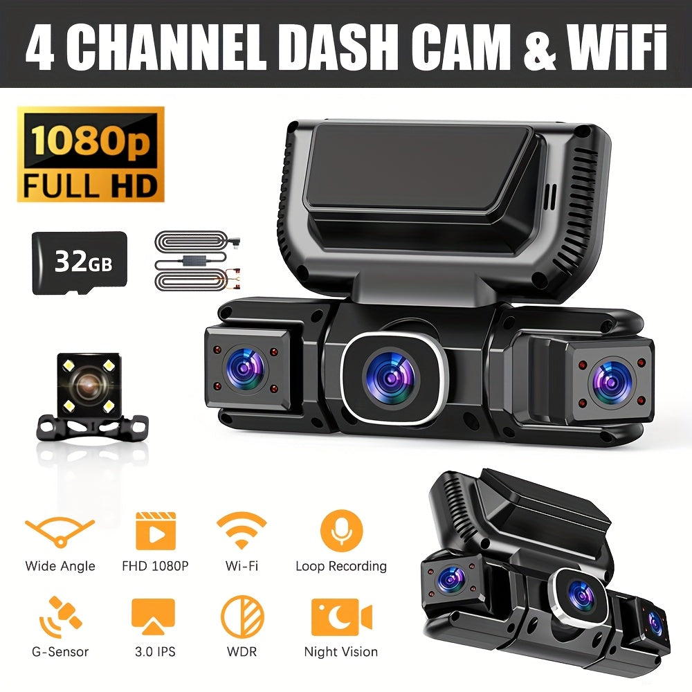 360° 3/4 Lens Dash Cam USA, 4 Channel Front/Rear/Left/Right Recording, Night Vision, 3.16" IPS Screen with Wifi, G-Sensor, Parking Mode, 32GB Card Optional/No Card