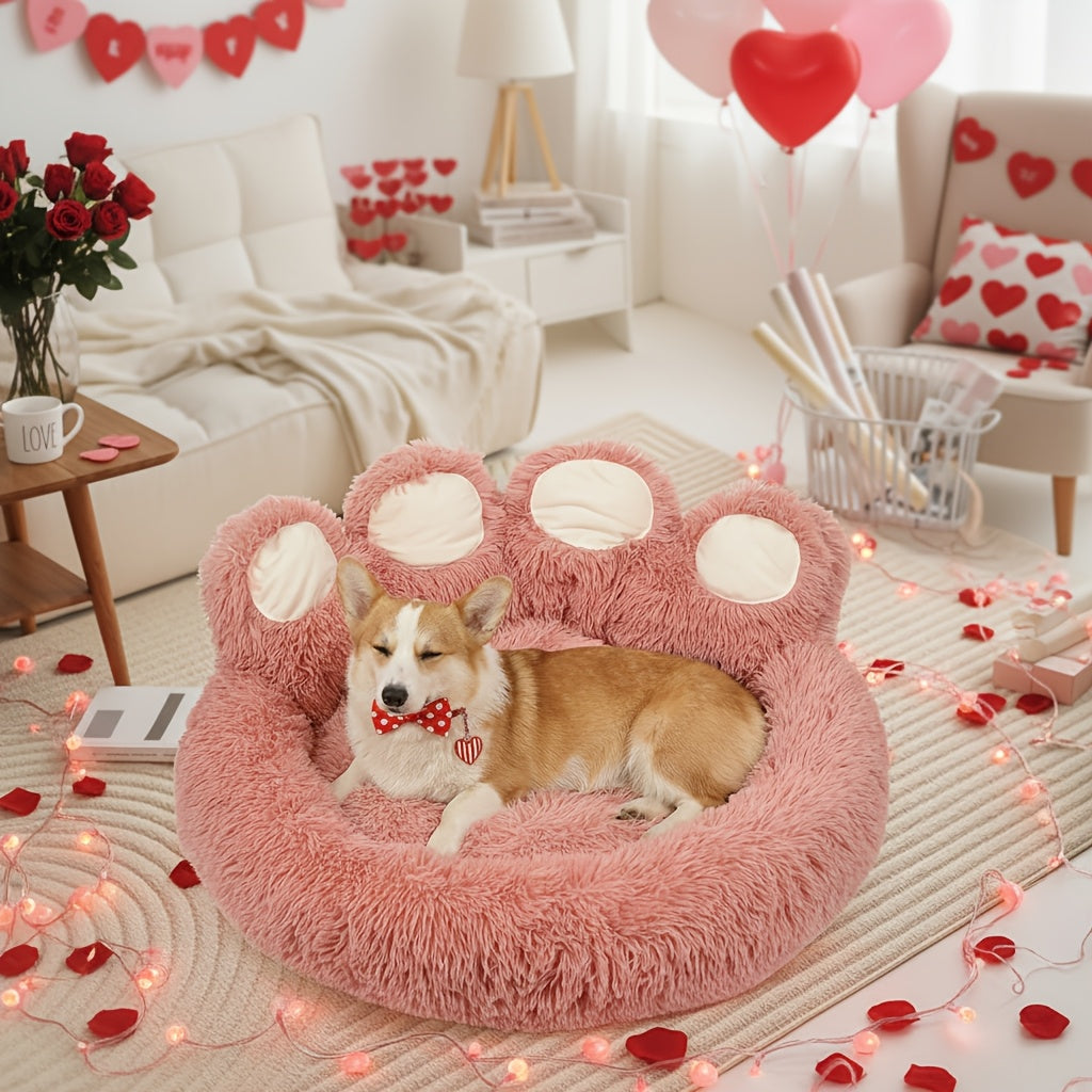 Dog Bed Cat Bed Bear Paw Shaped Donut – Calming Round Plush Pet Mattress, Warm & Soft Cuddler Bed for Dogs and Cats, Includes Pet Scarf, Sizes S to 2XL, Colors: Coffee, Pink, Grey, Brown