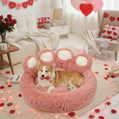 Dog Bed Cat Bed Bear Paw Shaped Donut – Calming Round Plush Pet Mattress, Warm & Soft Cuddler Bed for Dogs and Cats, Includes Pet Scarf, Sizes S to 2XL, Colors: Coffee, Pink, Grey, Brown