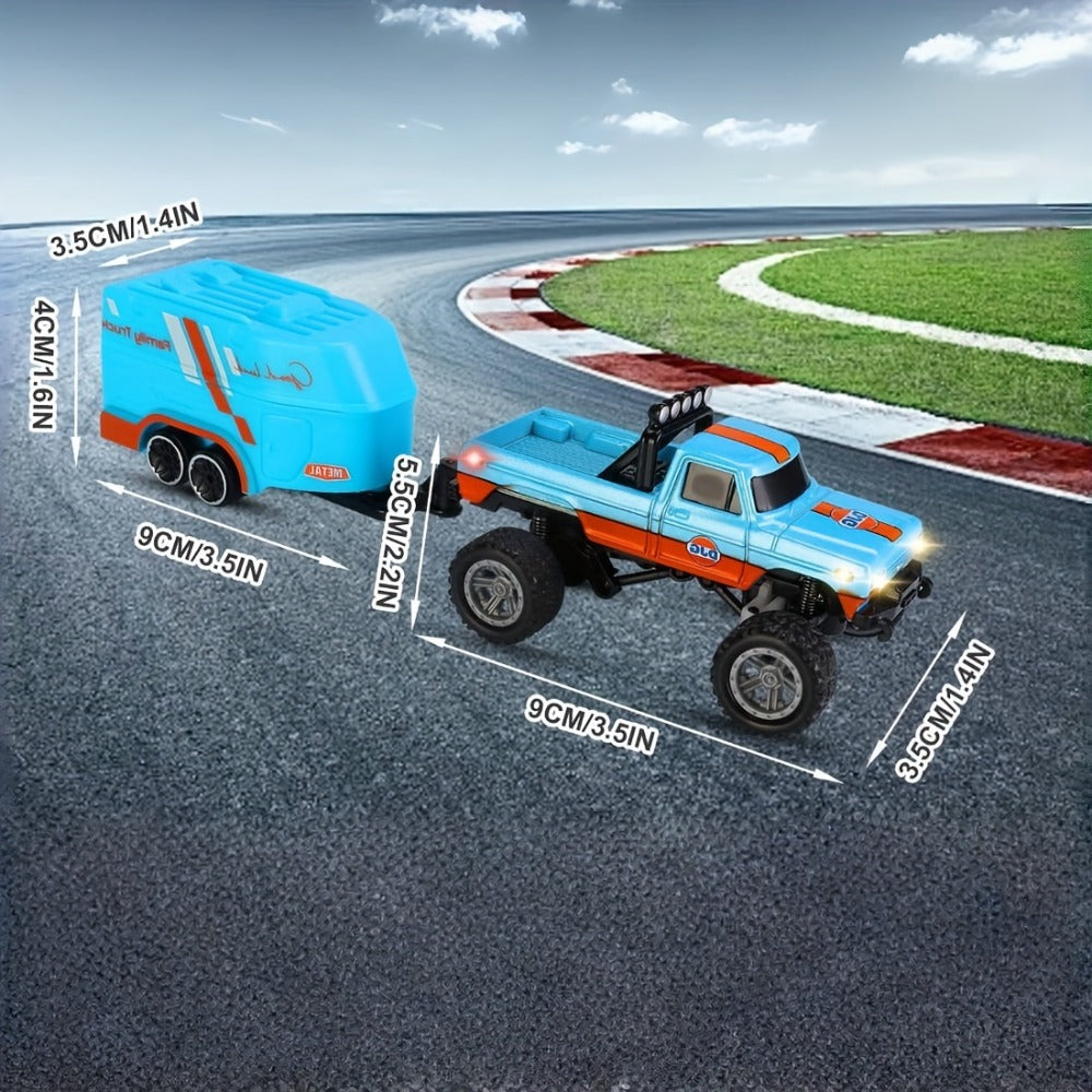 Mini RC Truck Toy 1:64 Scale 2.4GHz Off-Road Alloy Crawler with Detachable Trailer Body Lights & LED Headlights – Collectible Remote Control Truck Model Gift for Boys Girls Adults Blue Green Red