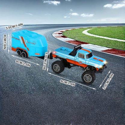 Mini RC Truck Toy 1:64 Scale 2.4GHz Off-Road Alloy Crawler with Detachable Trailer Body Lights & LED Headlights – Collectible Remote Control Truck Model Gift for Boys Girls Adults Blue Green Red