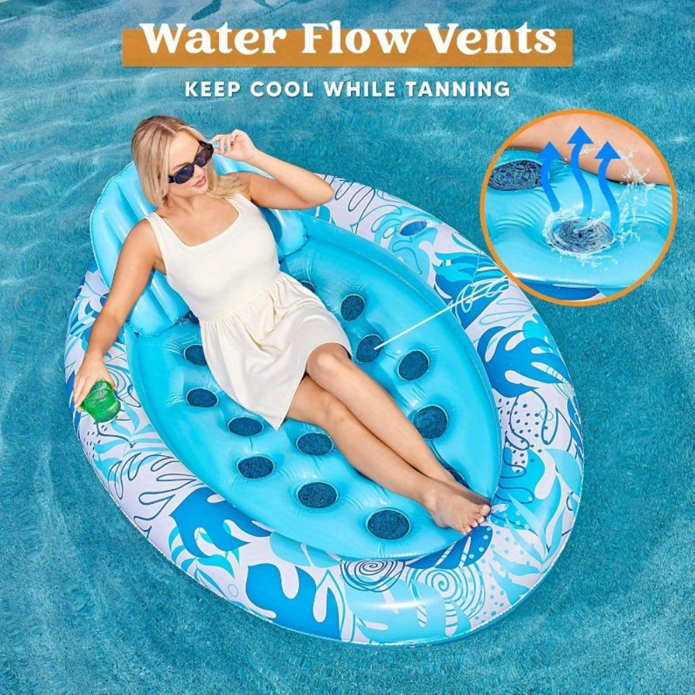 Oval Inflatable Pool Float Lounger for Adults – Tanning Raft with Removable Head & Back Support, Water Flow Vents & 2 Cup Holders | Sunbathing Lounge Float for Pool Lake Beach, Blue
