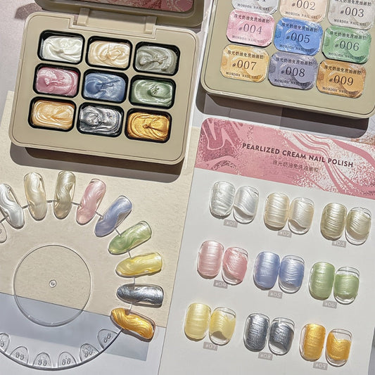 Pearlescent Nail Gel 9-Grid Shell Shimmer Mother of Pearl Cream Oil Painting Gel Polish Set – Multicolor Glitter Iridescent Spiral Design for Salon & DIY Nail Art, Gift for Women & Girls