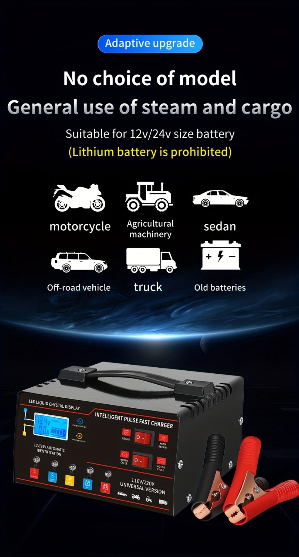 Smart Battery Charger 12V & 24V with LCD Display – Intelligent Trickle Charger, Smart Repair, Overcharge & Short Circuit Protection for Cars SUVs Trucks Motorcycles Yachts