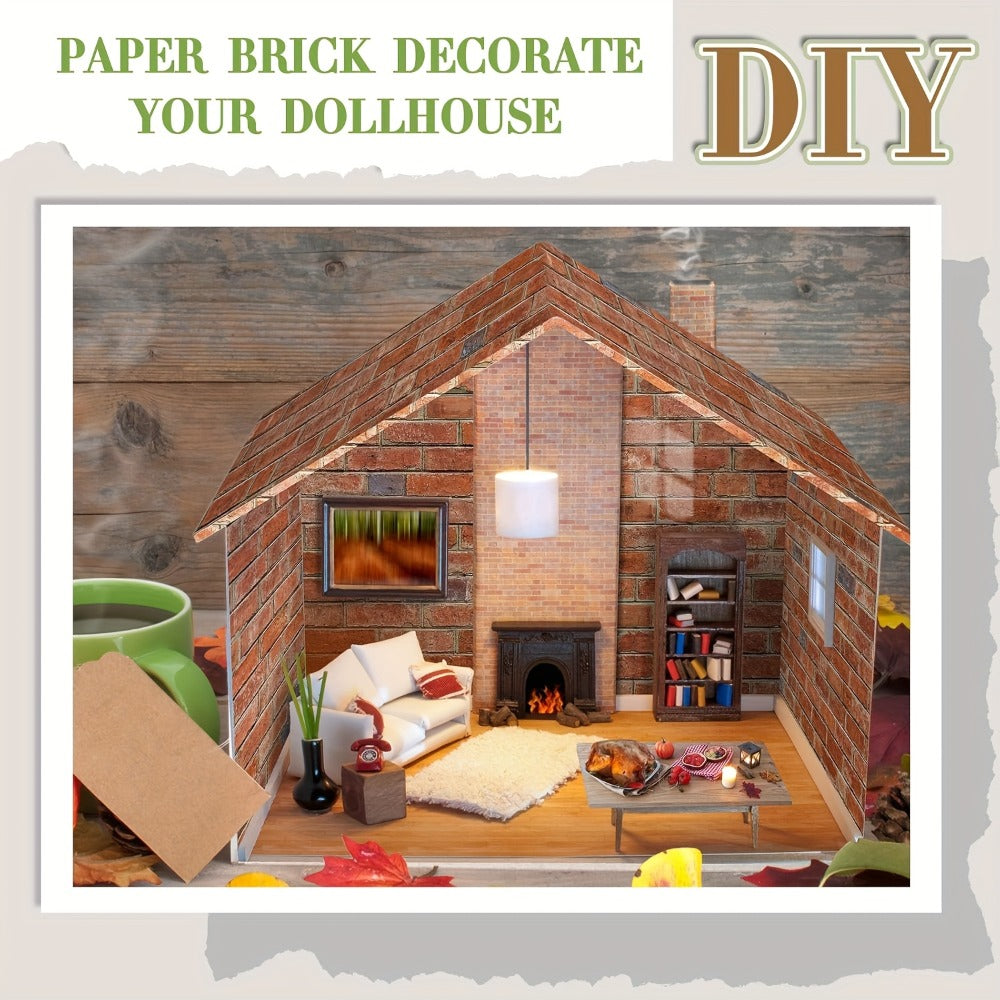 Dollhouse Wallpaper Flooring Peel Stick 12 Sheets Red Clinker Brick Miniature Self-Adhesive Paper for 1:12 Scale Dollhouse DIY Craft Room Box Diorama Decor Gift