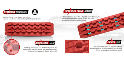 Off-Road Traction Boards Recovery Tracks 2-Pack – 10-Ton Capacity, 40”×11.8” PP Traction Mats for Sand, Mud & Snow, 4x4 Vehicle Recovery Boards with Carry Bag & Leash, Orange/Red/Black