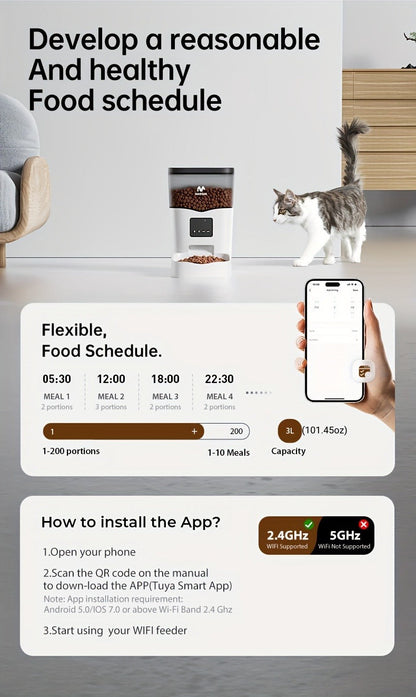 Smart WiFi Automatic Pet Feeder 101oz - App Control, Up to 10 Meals Per Day, HD Camera Option with 2.4G & 5G, Voice Assistant Compatible, USB Powered, Remote Monitoring for Cats & Dogs, IMIPAW
