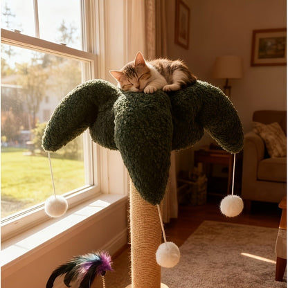 Cat Scratching Post Sisal Vertical Clown Hat Design, Wear-Resistant Cat Scratch Board with Cat Climbing Frame & Teaser Toy, Fun Shaped Cat Scratcher for Indoor Cats, Millet & Turtle Shape, Green