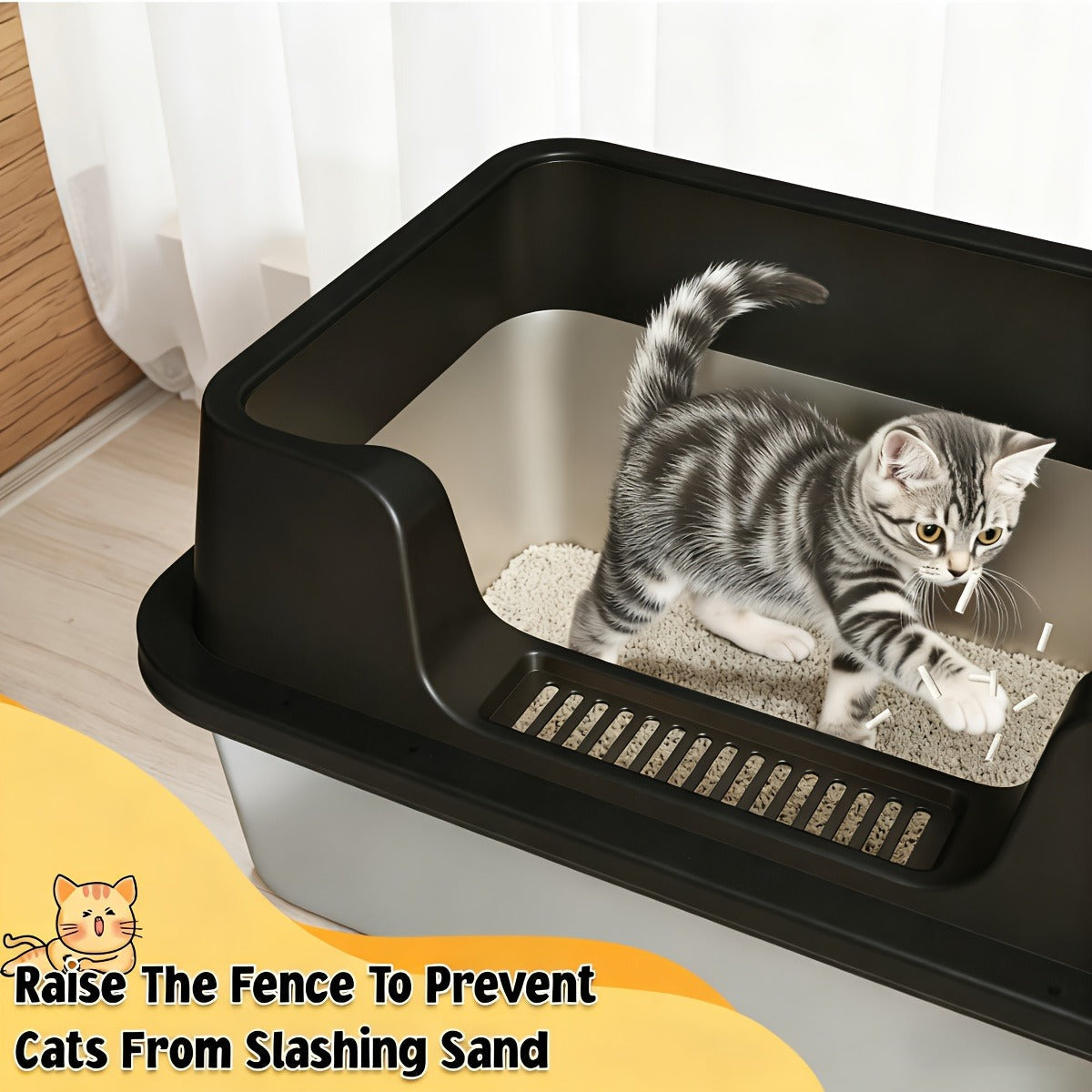 Stainless Steel Cat Litter Box with Scoop - High-Wall Semi-Enclosed Design, Non-Stick Easy Clean Surface, Anti-Leakage Odor Control, 2 Sizes for Kittens & Multiple Cats, Modern Metal Pet Toilet