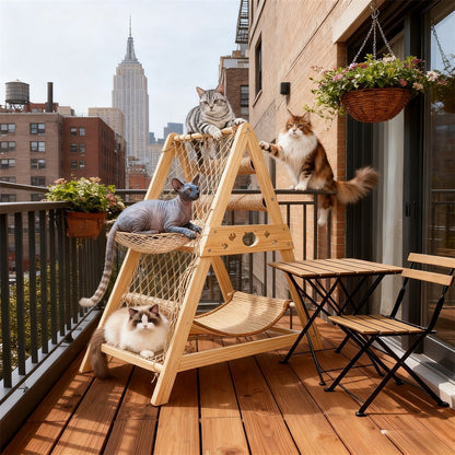 Cat Tree Triangle Cat Tower with Sisal Scratching Posts, Soft Hammock Bed & Hanging Feather Toys – Bamboo Stable Cat Climbing Tower for Indoor Cats, Kittens & Small Cats, Space-Saving Design
