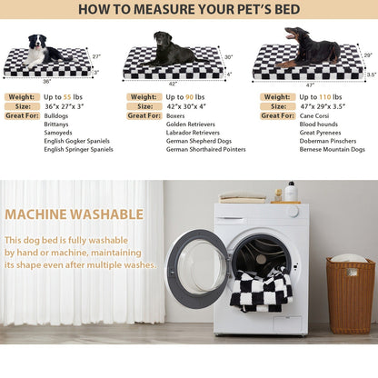 Orthopedic Dog Bed with Removable Washable Cover – Non-Slip Bottom, Black & White Plaid, Soft Memory Foam Dog Sofa Bed for Small Medium Large Dogs, S M L XL XXL Sizes