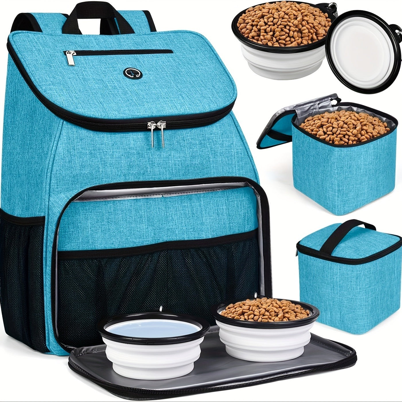 Pet Travel Backpack Double Layer Dog Cat Supplies Bag with 2 Collapsible Bowls 2 Food Baskets Portable Organizer for Outdoor Hiking Camping Road Trip