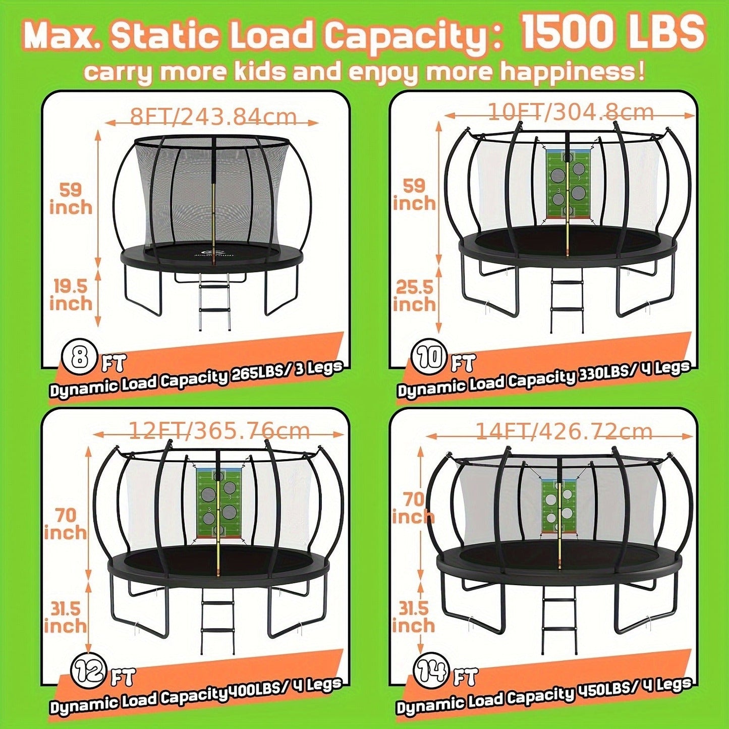 Outdoor Trampoline with Safety Enclosure Net Football Toss Game 8 10 12 14FT Round Backyard Trampoline for Kids Adults Indoor Outdoor Party Play