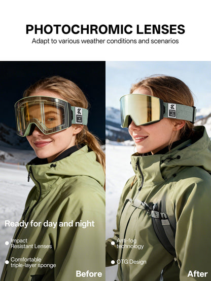 Magnetic Photochromic Ski Goggles OTG Helmet Compatible – 16-Point Magnetic Swap Lens, Triple-Layer Foam, Double Anti-Fog Dual-Layer PC 99.99% UV Protection for Men & Women, Includes Case & Bag
