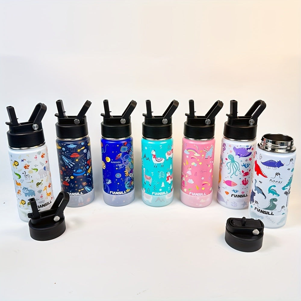 Kids Insulated Water Bottle 16oz with 3D Print Design - Stainless Steel Vacuum Flask, Leak-Proof BPA-Free, One-Hand Lid, Woven Strap & Carabiner, Perfect Student Gift for Boys & Girls, 8 Fun Styles