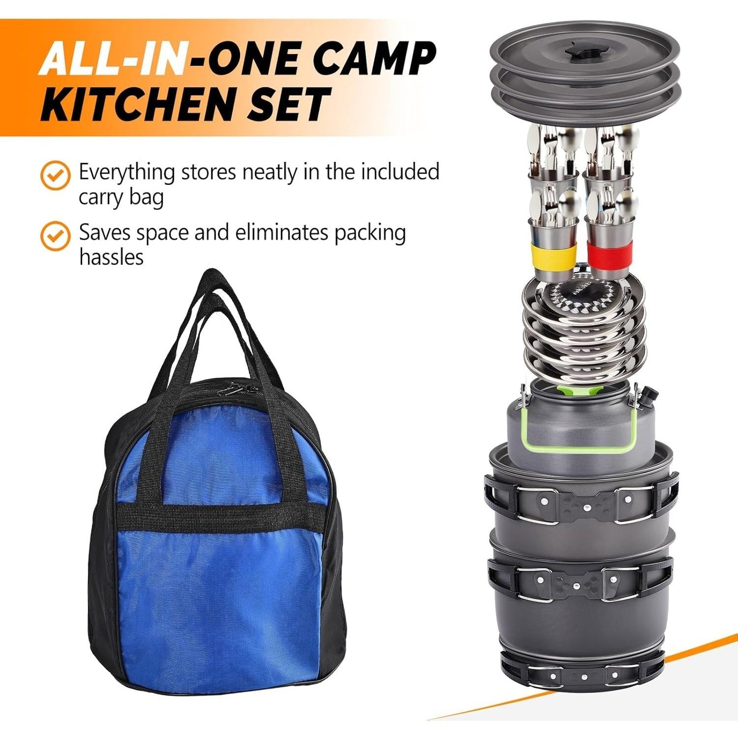 Backpacking Cookware Mess Kit 19/27pcs – Non-Stick Pot Pan Kettle with Stainless Steel Cutlery, Lightweight Camping Cook Set for Open Fire, Hiking & Outdoor Cooking