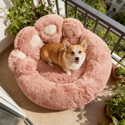 Dog Bed & Cat Bed Plush Bear Paw Print – Soft Warm Pet Bed for Small Medium Large Dogs, Thickened Long Plush, No Assembly, Autumn Winter Pet Sleeping Bed in Coffee Pink Gray