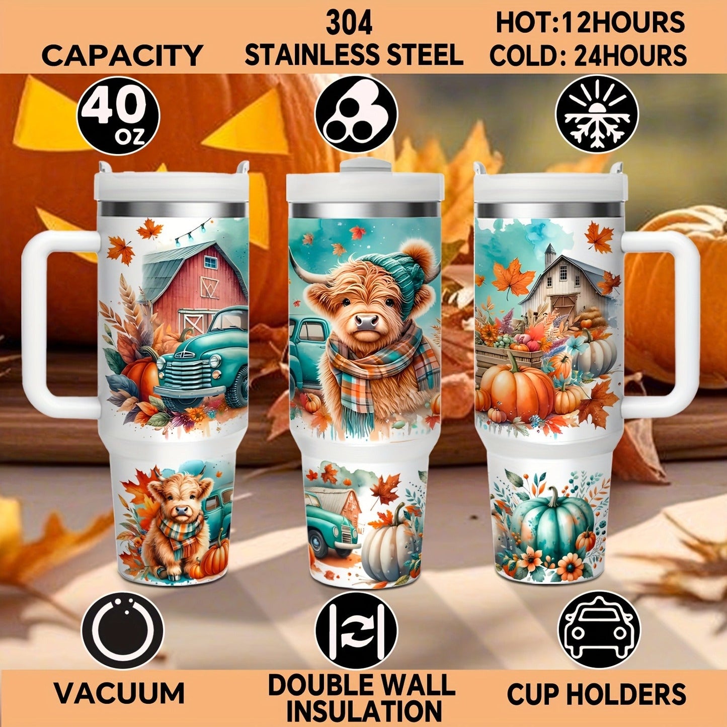 Stainless Steel Insulated Tumbler With Lid and Straw, 40oz & 16oz Highland Cow Thanksgiving Water Bottle With Handle, Keeps Cold 24 Hours Hot 12 Hours, Portable Travel Cup for Car Home Office Birthday Gift
