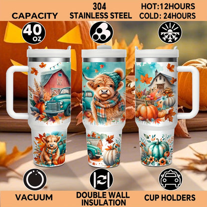 Stainless Steel Insulated Tumbler With Lid and Straw, 40oz & 16oz Highland Cow Thanksgiving Water Bottle With Handle, Keeps Cold 24 Hours Hot 12 Hours, Portable Travel Cup for Car Home Office Birthday Gift