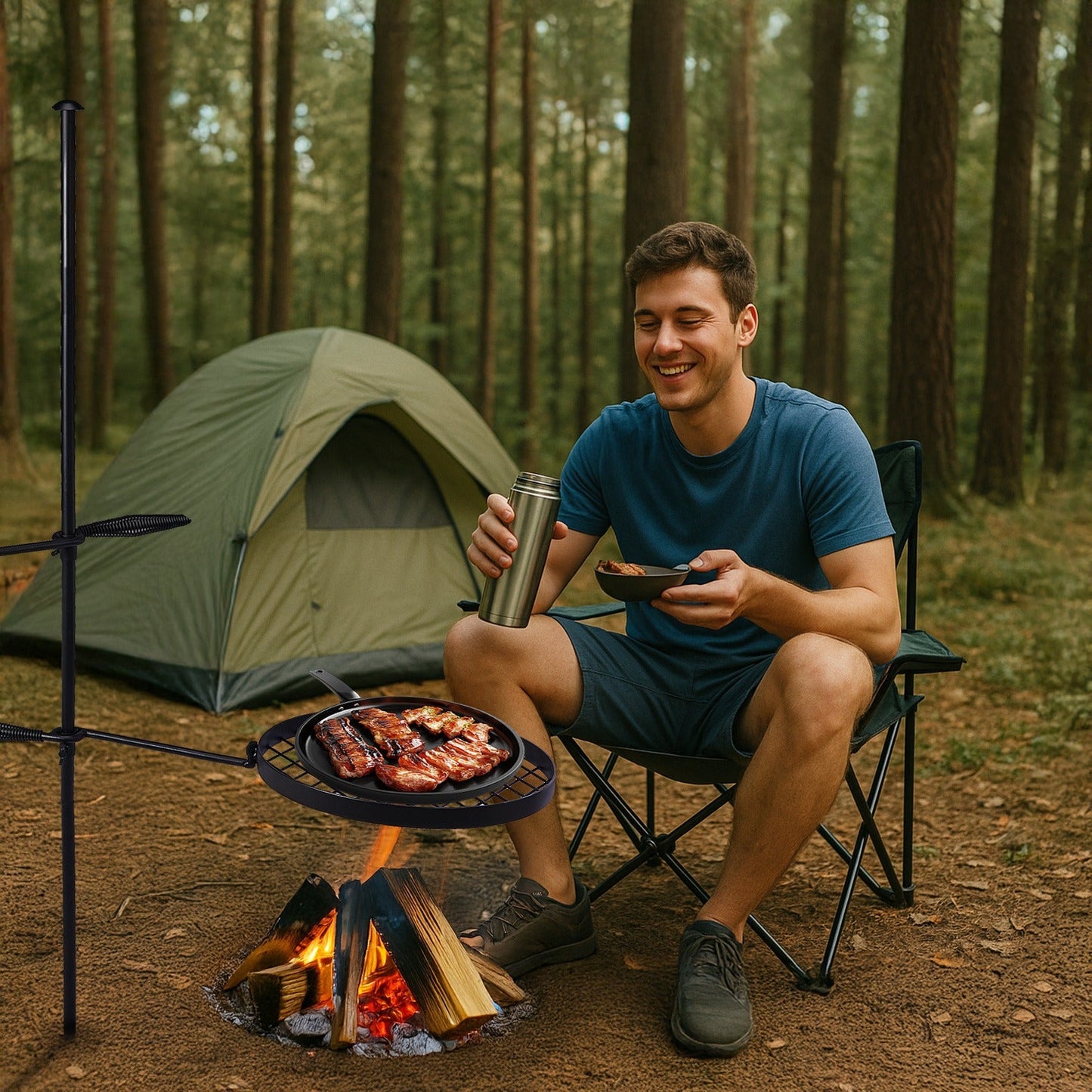 Campfire Grill Grate with Hanging Pole – Height Adjustable, 360° Rotation, 48" Thick Steel Pole, Swivel Grate Ring for Kettle, Dutch Oven & Pan – Portable Open Fire Cooking Grill for Camping & Outdoor