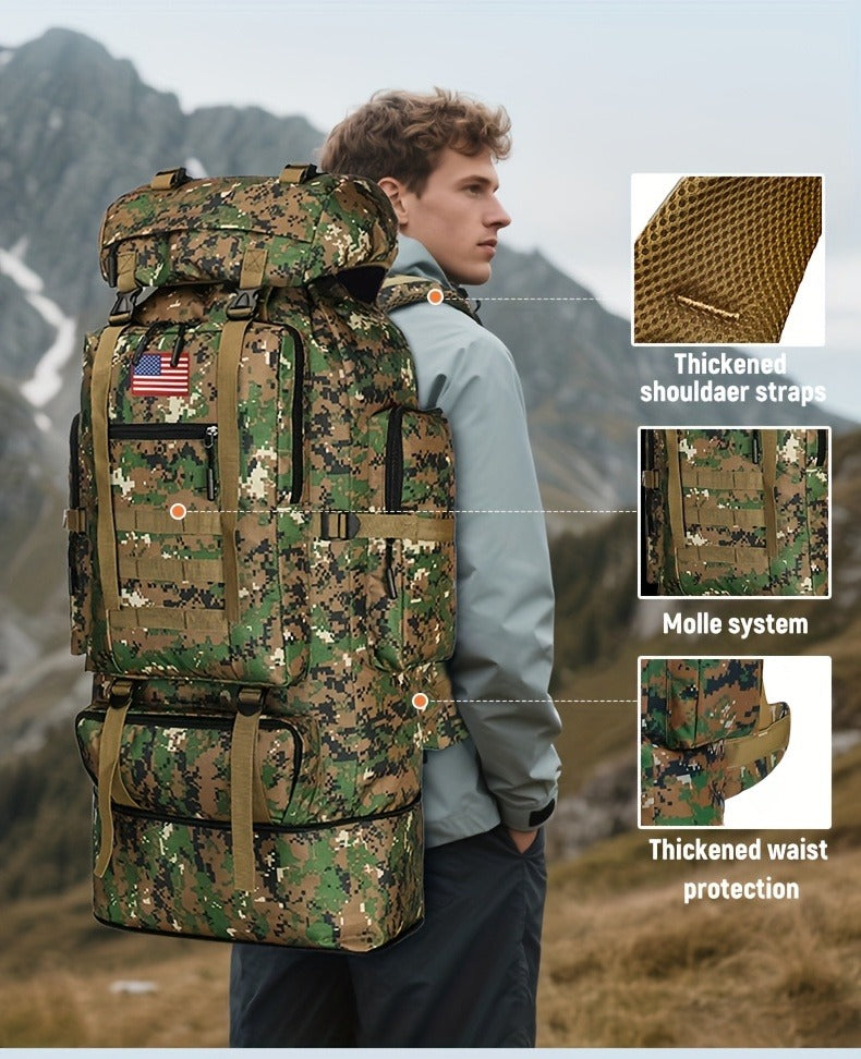 Tactical Backpack 100L Large Capacity Hiking Backpack Multiple Compartments Heavy Duty Ergonomic Straps for Camping Travel Trekking Backpacking Outdoor Adventures Jungle Green Black Army Green Gray Desert
