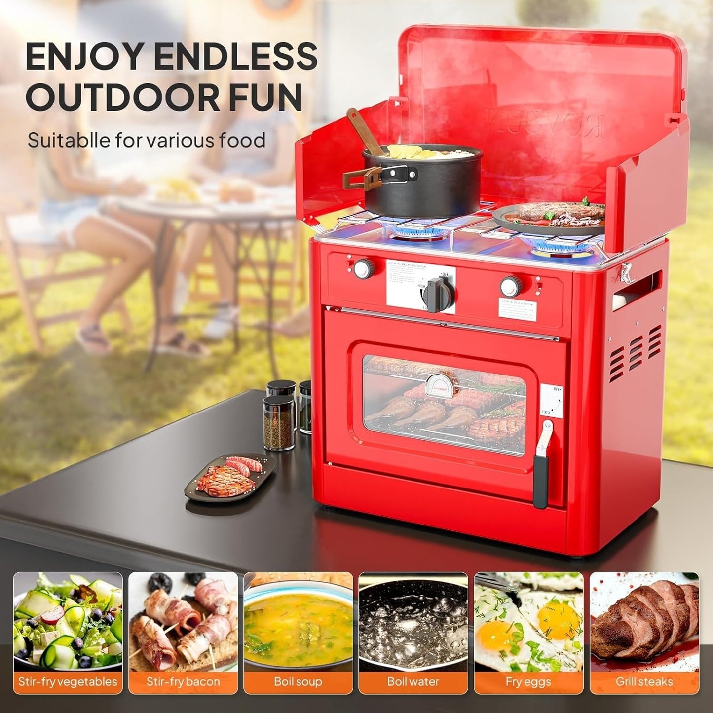 Camping Stove with Oven 2-in-1 – Portable Propane Double Burner 16,000 BTU & Outdoor Oven Combo with Auto-Ignition & Thermometer | Camping, Backyard & Picnic Cooking