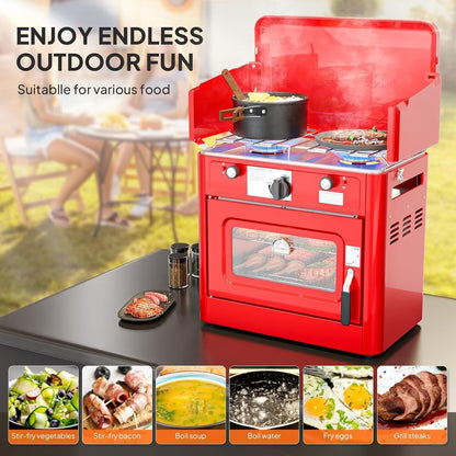 Camping Stove with Oven 2-in-1 – Portable Propane Double Burner 16,000 BTU & Outdoor Oven Combo with Auto-Ignition & Thermometer | Camping, Backyard & Picnic Cooking