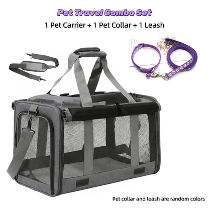 Airline Approved Pet Carrier Soft Sided Collapsible for Cats & Small Dogs - Breathable Oxford Cloth Travel Bag with Zipper Closure, Privacy Cover & Combo Set with Collar Leash Harness, Blue Pink Grey Green Beige
