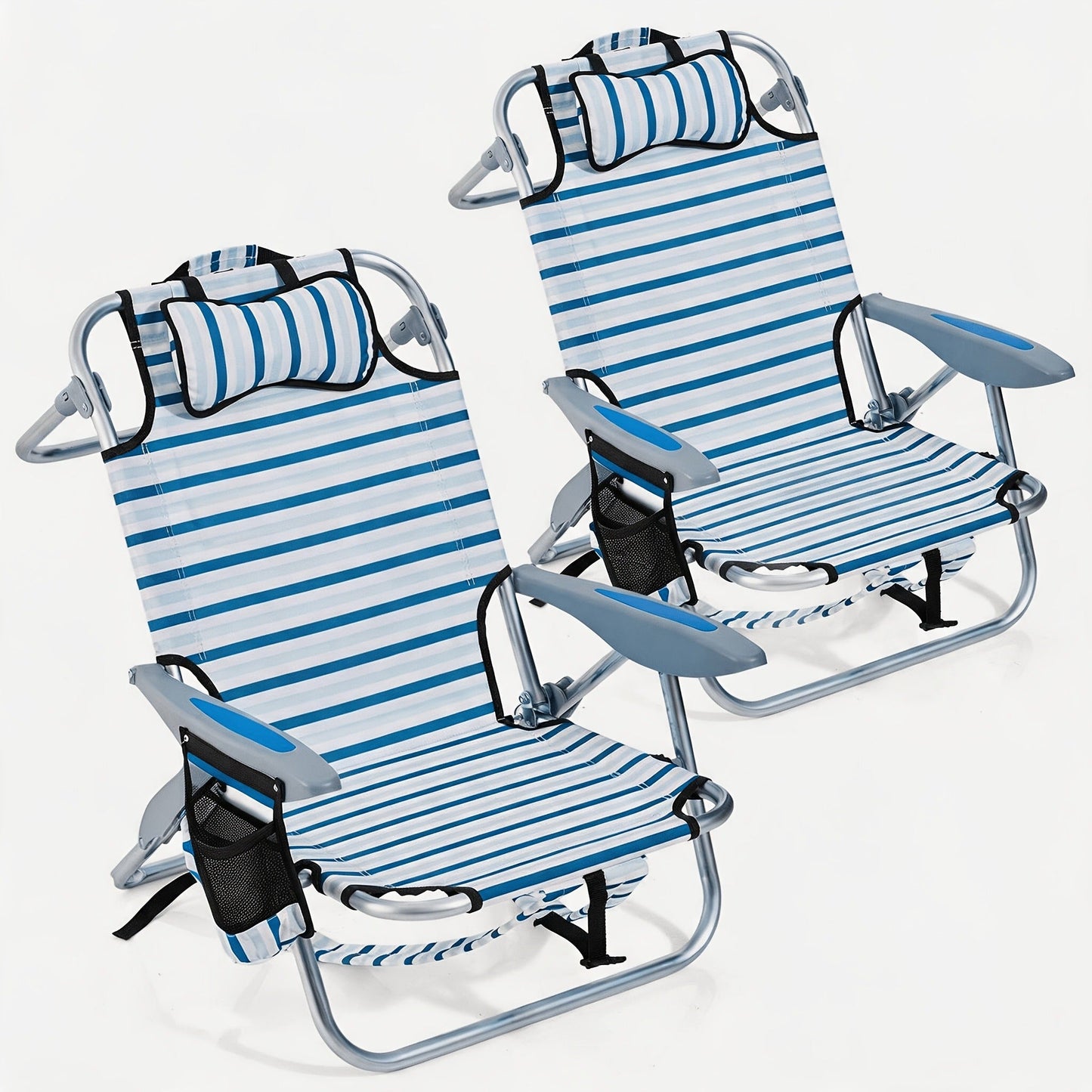 Folding Beach Chair Lay Flat Camping Chair for Adults 4 Position Adjustable Backpack Chair with Cup Holder Towel Bar Cooler Pouch Lightweight Portable Outdoor Lounge Chair