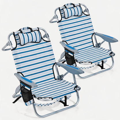 Folding Beach Chair Lay Flat Camping Chair for Adults 4 Position Adjustable Backpack Chair with Cup Holder Towel Bar Cooler Pouch Lightweight Portable Outdoor Lounge Chair